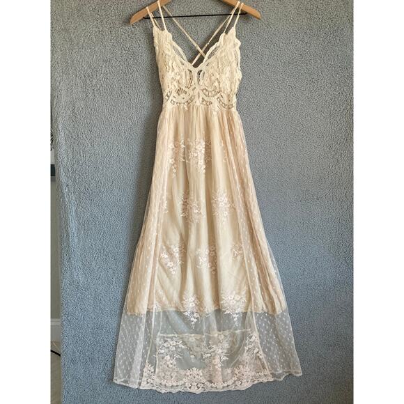 Magnolia Dresses & Skirts - Magnolia Maxi Dress Small Crochet Embroidery Tank Sheer Beige Cottage Beach Boho